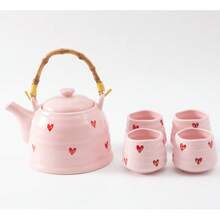 1 Set Cute Pink Heart Pattern Ceramic Tea Set, Vintage Wavy Porcelain Teaware, Includes Bamboo Woven Handle Teapot And 4 Striped Teacups, Portable Afternoon Tea Drinkware Set, Suitable For Home Kitchen, Wedding, Valentine's Day Gift - Multicolor - View 13