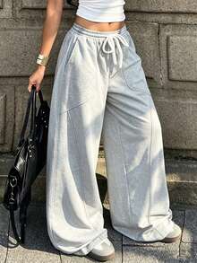 Women's Wide Leg Loose Fit Pants With Line Design, Elastic Waist, Dual Side Pockets, Straight Leg Sweatpants For Spring And Autumn Sports Fall - Grey - View 6