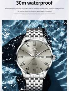 Jam Tangan Quartz Minimalis Bisnis Pria OLEVS 3633, Tahan Air, Baja Tahan Karat Bercahaya, Tampilan Kalender Ganda - Grey - View 5