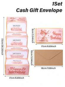 1 Set Pink "Happy Birthday" Foldable Money Card And Envelope, Pink Birthday Cake Pattern Foldable Money Card, Birthday Party Surprise Cash Gift, Anniversary Celebration Foldable Money Card - View 3