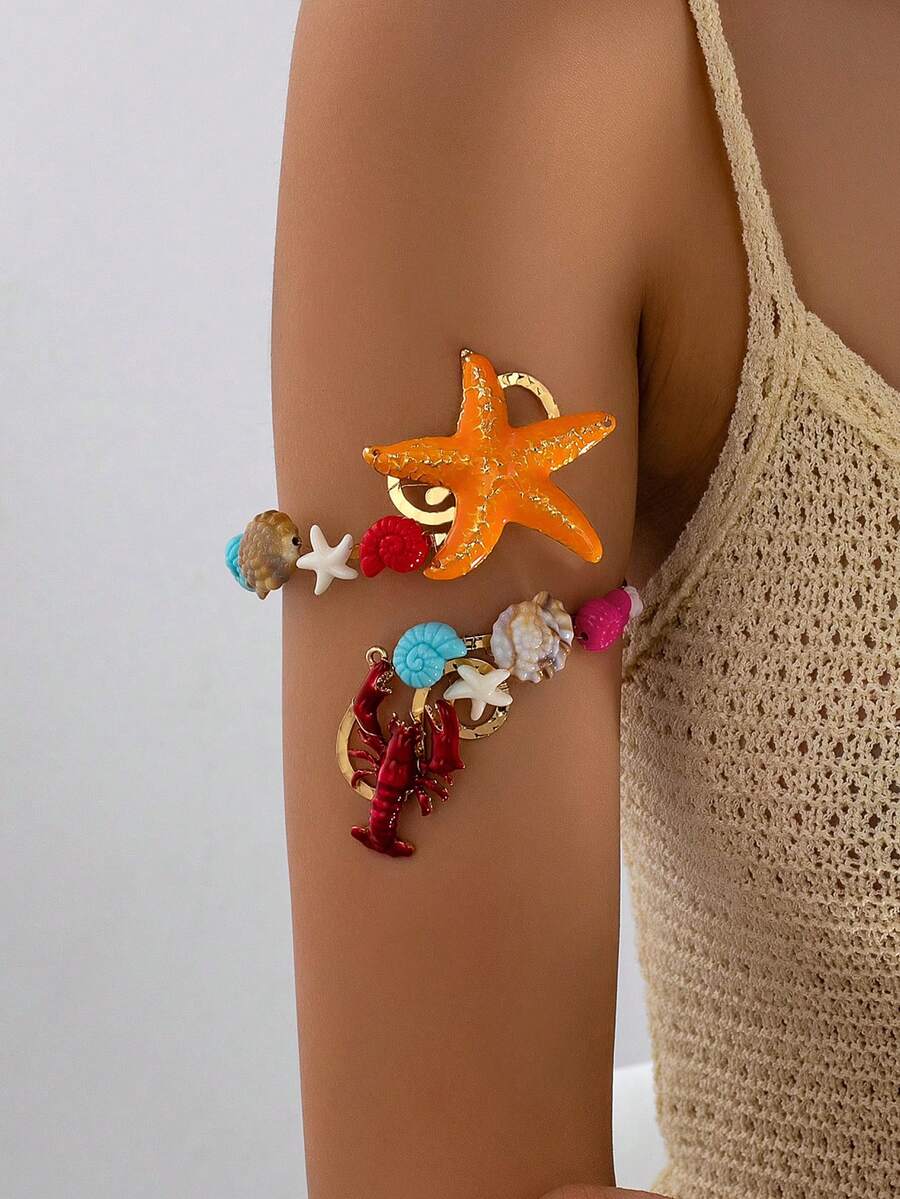 1 pieza Brazalete de brazo para vacaciones en la playa con vida marina, estrella de mar naranja, cangrejo rojo, concha, caracol, brazalete de brazo ajustable con cuentas de colores contrastantes - naranja - Ver 1