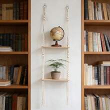 1 pieza Colgante de pared de macramé estilo bohemio, estantería decorativa de 2 niveles para almacenamiento de pared, tapiz decorativo para sala de estar, dormitorio, fondo de pared, estantería de almacenamiento con borlas, decoración de pared de arte de fibra, hecho a mano, tejido de encaje, tabla de madera de doble capa - Sin decoración - Beis - Ver 11