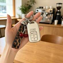 غطاء مفتاح سيارة بطبعة نمر إبداعية، تصميم كرز لطيف، متوافق مع مفتاح سيارة هوندا CRV Accord، غلاف حماية - سوار بنقشة جلد الفهد مع كرز - مشاهدة 4