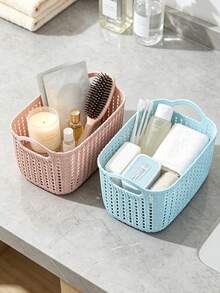 5/3/1pc Minimalist Aesthetic Macaron Color Plastic Rectangular Woven Texture Open Storage Basket, Dual Handle Stackable Snack Storage Box, Kitchen Bathroom Closet Desktop Cosmetic Sundries Organizer Box, Daily Use - Multiple Colors and Styles - View 4