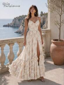 Ivory White Floral Chiffon V-Neck Open Back Tiered A-Line Maxi Dress - 米白 - 查看 12