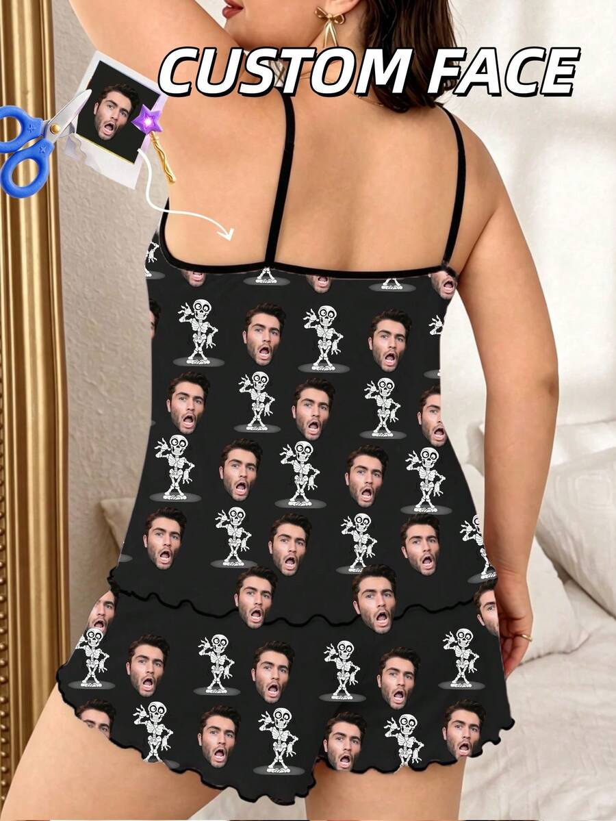 Custom Photo Face Halloween Skeleton Women's Pajamas, Personalized Spooky Camisole & Shorts Set, Halloween Party Costume - Multicolor - View 1