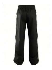 Men's Plus Size Spring/Autumn Striped Drawstring Waist Pocket Casual Straight Leg Pants - Black - View 5