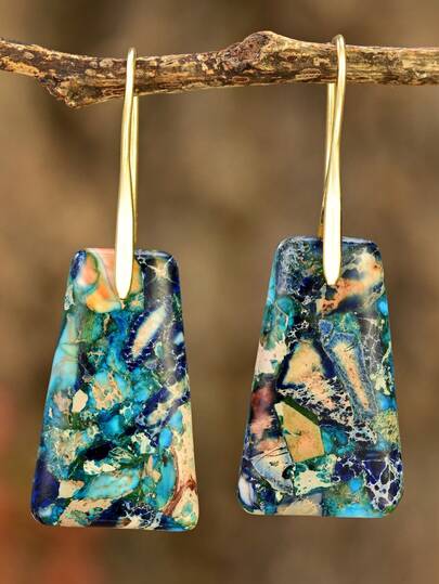 Yumfeel Bohemian Style Emperor Jasper Women's Earrings, Blue Trapezoid Pendant, European And American Vintage Exaggerated Earrings, Christmas Party Gift