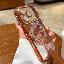Gold-Plated Shiny Diamond Rhinestone Magnetic Wireless Charging Phone Case, Compatible With IPhone 17 Pro Max; Soft Shell, Compatible With 11-17 Series - Orange - View 3