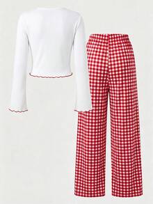 Spring And Autumn Girls' Sweet White Pit Bar Bow Printed Long Sleeve+Red And White Grid Straight Leg Pants Sleepwear Two Pieces Set,Girls' Home Clothes - Red - View 5