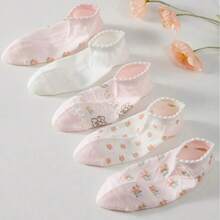 1/3/5/10 Pairs Elegant Floral Print Ankle Socks For Women, Non-Slip Breathable, Suitable For Spring & Summer - Pink - View 2