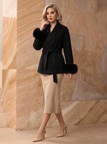 Minimalist Casual Chic Commuter Wool Blend Long Sleeve Coat, Solid Color Faux Shearling Patchwork Women's Jacket Black - Black - View 2