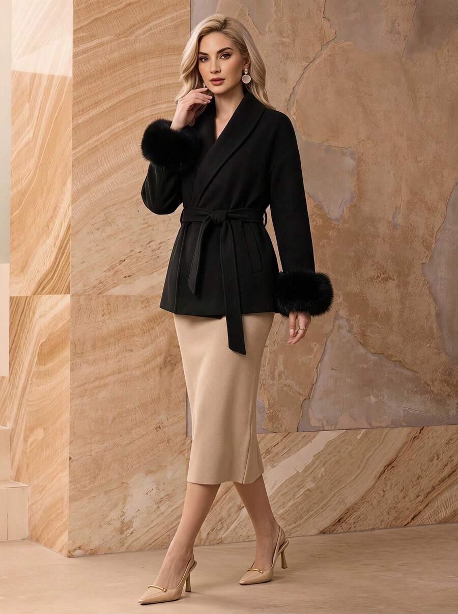 Minimalist Casual Chic Commuter Wool Blend Long Sleeve Coat, Solid Color Faux Shearling Patchwork Women's Jacket Black