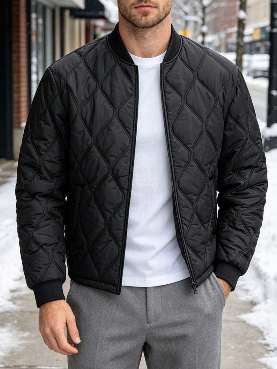 1 buah Jaket Penerbangan Musim Dingin Pria Motif Berlian Berlapis, Jaket Ringan Berbantalan dengan Resleting Penuh, Kerah, Manset, dan Ujung Bawah Bergaris, Atasan Kasual Serbaguna - Hitam - View 1