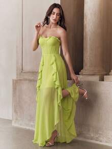 Solid Color Ruffle Hem Strapless Dress, Elegant For Birthday Party, Graduation Party, Music Festival, Photo Shoot, Travel Wedding - Green - View 3