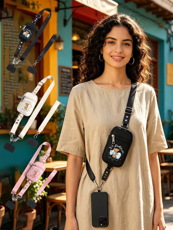 3-In-1 Phone Lanyard Chest Bag, Cute Bear Print Pattern, Phone Lanyard With Zipper Pocket, Crossbody Phone Lanyard And Wrist Strap, Suitable For Phones With Wallet, Crossbody Design, Detachable Zippered Wrist Strap Wallet, Adjustable Anti-Theft Phone Lanyard, Women's Exclusive, Hands-Free, Convenient For Daily Outings And Travel, Unique Teacher Appreciation Gift, Back To School Gift, Birthday Gift, Teacher Gift, Party Gift,Bedroom Room Decor,Back To School
