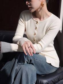 Women's Elegant Round Neck Gold Button Ribbed Knit Cardigan, Slim Fit Open Front Long Sleeve Social Blouse, Office Commute Vacation Outing Top - Apricot - View 6