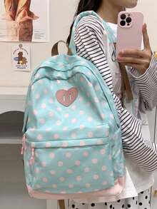 Korean Ins Style Polka Dot Heart Backpack, Japanese Fresh Lightweight Student School Bag, Cute Casual Daily Use Backpack - Multicolor - View 2