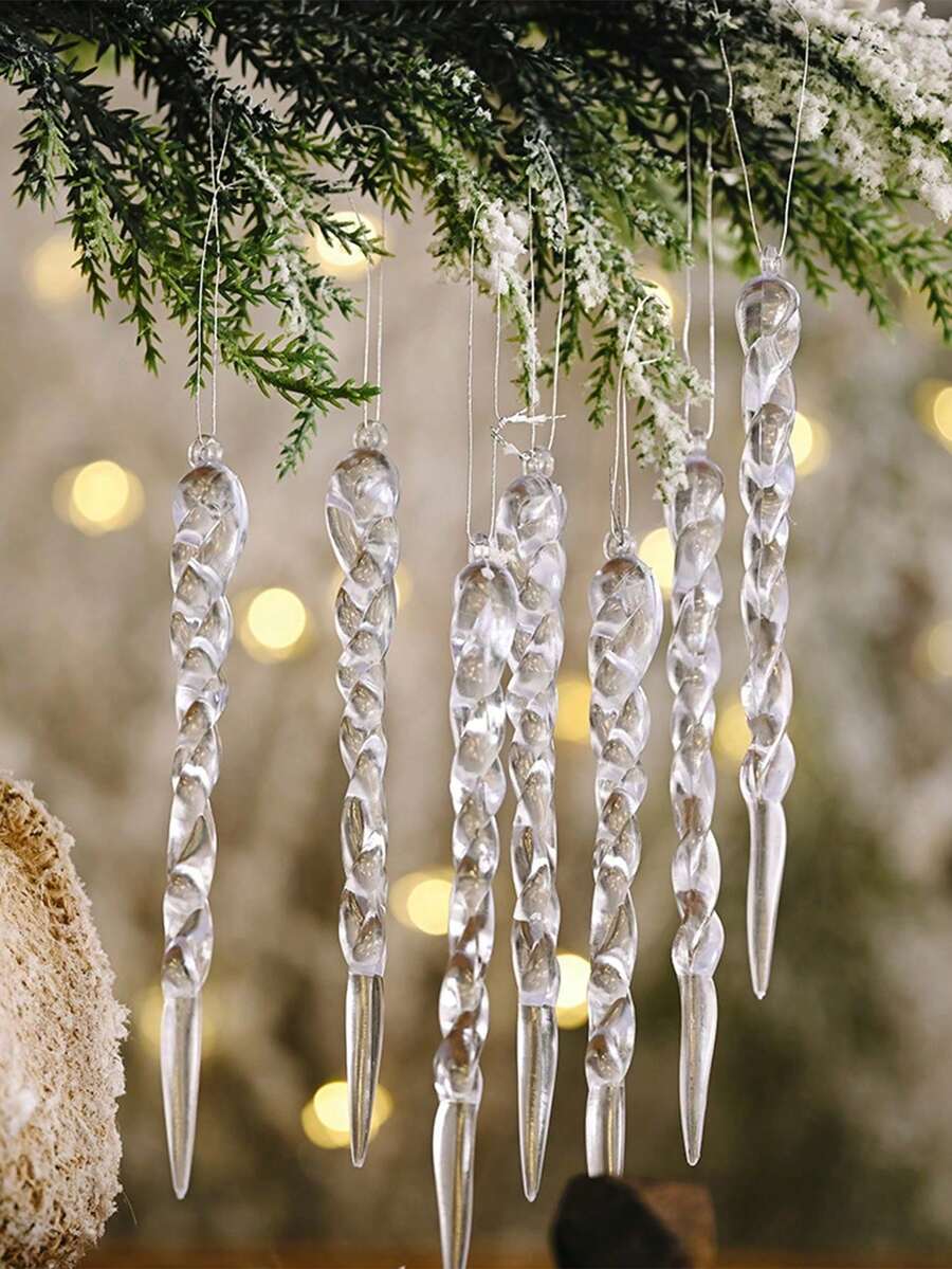 12pcs/Set Clear Crystal Pendant Christmas Tree Decorations, Acrylic Icicle Hanging Ornaments, Hexagonal Snowflake String Decor, Christmas And New Year Party Decorations, Suitable For Indoor And Outdoor Scenes, Party Decor - Multicolor - View 1