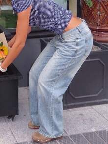 Women's Casual Extra Long Wide Leg Denim Jeans, With Zipper And Pockets, Non-Stretch, Y2K Retro Style - Blue - View 3