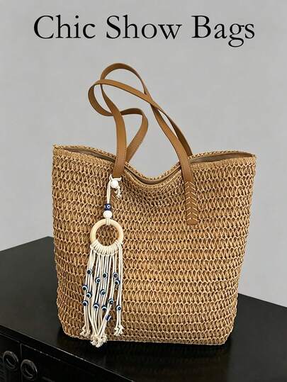 New Casual Vacation Style Straw Tassel Large Capacity Tote Bag, Multifunctional Summer Commute Shopping Shoulder Handbag For Women