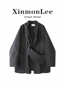 牛角鈕扣設計韓式復古中長版大衣外套，鈕扣開襟，適合晚間約會、校園、日常穿著，秋冬款 - 深灰色 - 查看 1