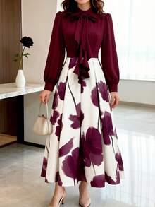 Women's Elegant Floral Print Long Sleeve Casual Dress, Spring/Autumn Vacation Style - Burgundy - View 4