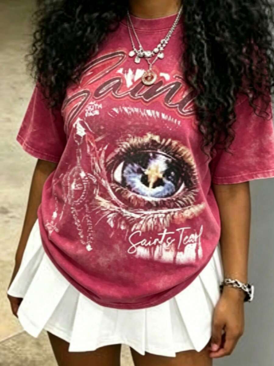 Cotton Clothes Y2K-Inspired Letter Print T-Shirt,Casual Crew Neck Short Sleeve, Perfect For Spring Summer Fall, Fashion Streetwear Unisex, Graphic Tee - 玫紅色 - 查看 1