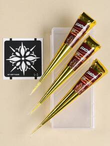 3pcs/Set Chestnut Henna Tattoo Cream With Storage Box, Semi-Permanent Body Painting Ink For Wrist And Body, Long-Lasting Color Retention, Plant-Based Tattoo Ink - Maroon - View 3