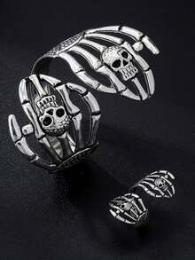 XYHEALER 1 Set Halloween Skeleton Hand Bone Bracelet And Ring Set, Vintage Silver Skeleton Open Cuff Bracelet And Adjustable Wrap Ring, Gothic Punk Style Women's Jewelry Gift - Multicolor - View 4