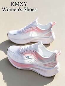 1 Pair Women's Breathable Mesh Flat Running Shoes, Fashion Flame Pattern Lightweight Lace-Up Sneakers, Suitable For Vacation And Daily Wear - Pink - View 2