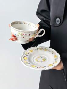 1Set Vintage Berry Fruit Ceramic Cup And Saucer, Wavy Ruffled Embossed Ceramic Coffee Cup, Fresh Blueberry Cherry Lemon Afternoon Tea Cup Gift - Multicolor - View 12