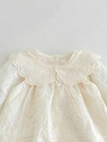 1pc Baby Girl Lace Peter Pan Collar Long Sleeve Soft Dress - Beige - View 6