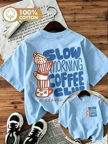 Women's Double-Sided Print Coffee Cup Tee, Hand-Painted Style "Slow Morning Coffee Club" Graphic, Round Neck Short Sleeve 100% Cotton Summer Top - 藍色 - 查看 9