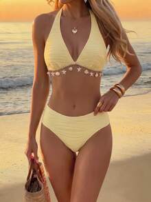 Set Bikini 3 Potong Wanita Warna Kuning Murni dengan Leher Halter, Rok Berpotongan Rumbai Motif Bintang Laut dan Cangkang dengan Tali Serut, Kain Bertekstur, Cocok untuk Liburan Pantai dan Perjalanan Musim Panas - Kuning muda - View 7