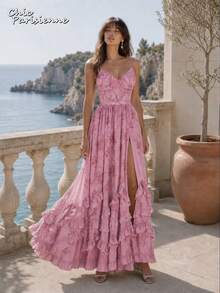 Pink Purple Floral Chiffon V-Neck Backless Tiered A-Line Maxi Dress - 粉紅紫 - 查看 12