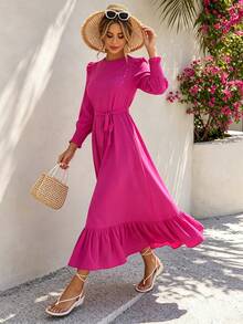 Joyfunear Gaun Maxi Wanita Warna Polos, Leher Bulat, Lengan Panjang, dan Hem Berkerut, Elegan dan Modis untuk Musim Semi/Panas - Hot Pink - View 6