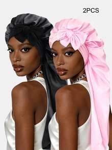 1pc Women's Faux Silk Long Sleeve Sleep Cap, Long Braid Hair Protection Bonnet, Headscarf Hat Suitable For Daily Use - Skin Powder - View 33