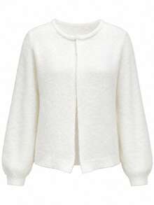 Women's Cozy White Knit Cardigan Long Sleeve Regular Length Round Neck Medium Stretch For Fall Outfits - White - View 11