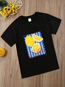Tween Girl Lemon Pattern Blue Striped Border And "Citrus" Text Print T-Shirt - Black - View 3