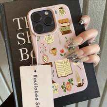 Phone Case For IPhone 11 12 3 14 15 16 17 Pro Max XS X XR 16E 16 Plus 17 Air Literary Floral Book Tea Set Pattern Silicone Cover - 粉色 - 查看 1