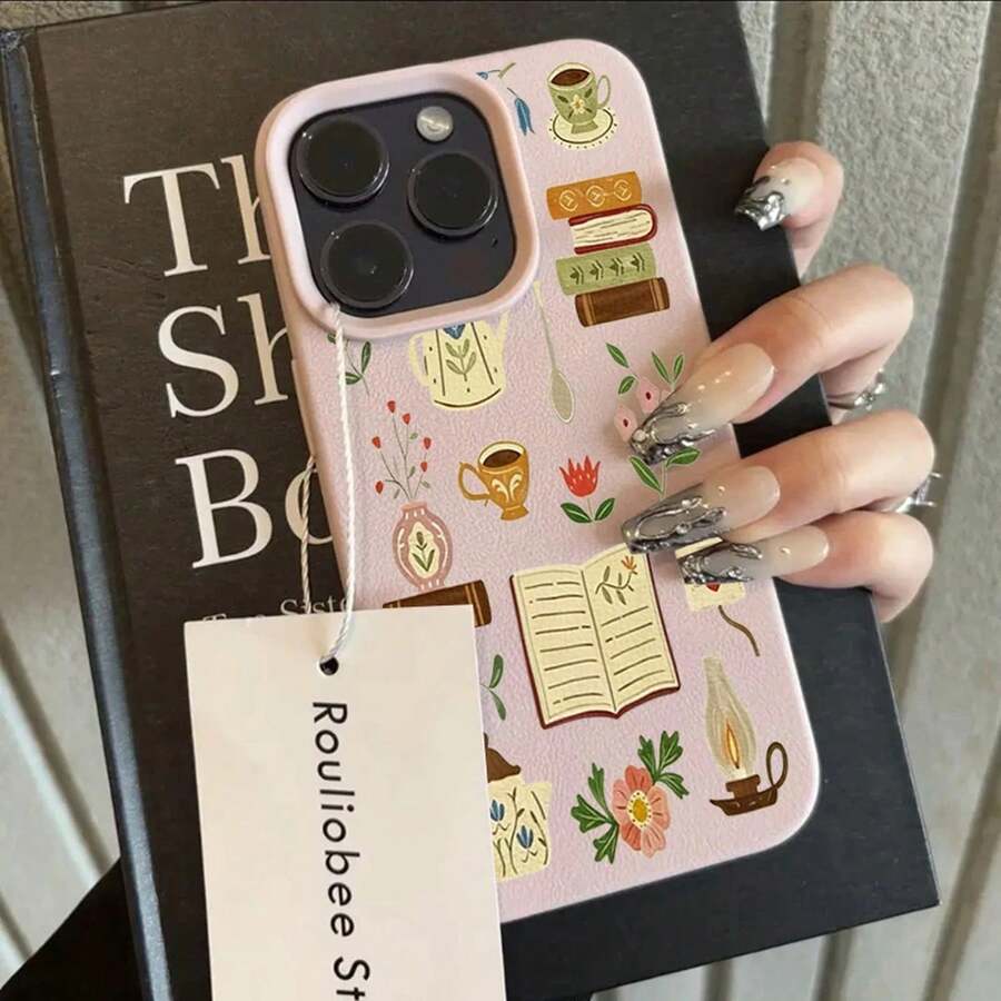 Phone Case For IPhone 11 12 3 14 15 16 17 Pro Max XS X XR 16E 16 Plus 17 Air Literary Floral Book Tea Set Pattern Silicone Cover - 粉色 - 查看 1