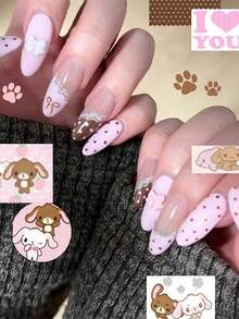10pcs French Polka Dot Lace Sweet Rabbit Applique False Nails, Pink Brown Bow Cute Cartoon Style, Suitable For Wedding, Date, Party And Daily Wear, Each Piece Comes With 4pcs Tool Set: Jelly Glue, Nail File, Wooden Cuticle Pusher, Alcohol Cotton Pad - Hot Pink - View 2