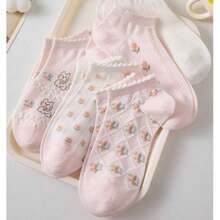 1/3/5/10 Pairs Elegant Floral Print Ankle Socks For Women, Non-Slip Breathable, Suitable For Spring & Summer - Pink - View 3