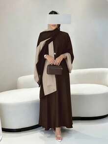 Setelan 3 Potong Elegan Warna Polos Timur Tengah: Jubah Lengan Panjang Depan Terbuka + Gaun Rompi + Hijab Serasi, Pakaian Arab Musim Gugur - Coklat - View 2
