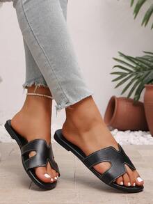 Black H-Strap Flat Slides: Fashionable Summer Open-Toe Sandals, Suitable For Beach, Party And Daily Commute - Black - View 6