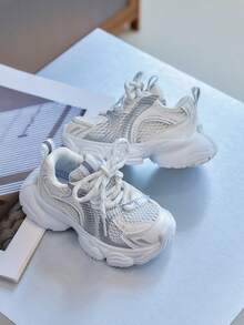 Spring/Autumn Kids Mesh Chunky Sneakers, White & Silver, Breathable, Lightweight, Soft Sole, Unisex Baby Versatile Sports Casual Sneakers - Beige - View 4
