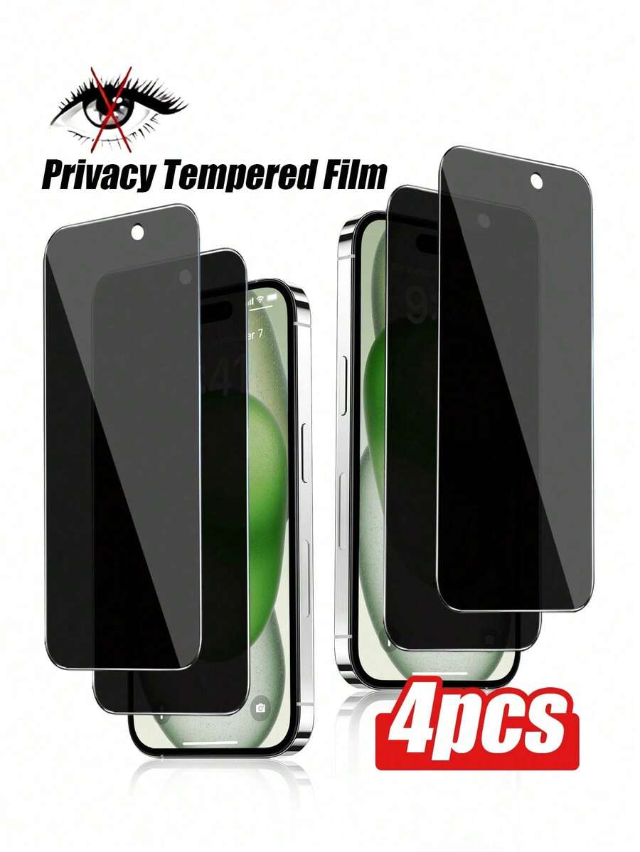 4pcs Full Screen Privacy Tempered Glass Screen Protector, Anti-Peeping, Anti-Collision, Anti-Scratch, Anti-Fingerprint, Strong Adhesion, Not Easy To Fall Off, Compatible With IPhone7/8/X/XR/11/12/13/14/15/16/16e/17/17 Air/17 Pro/17 Pro Max/18 Pro/18 Pro Max/Ultra Phone Accessories. Easy To Install, Compatible With Most Phone Cases.