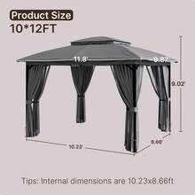Bealife 10 X 12 FT Double Roof Patio Gazebo, Waterproof Outdoor Canopy Gazebo With Aluminum Frame, Mosquito Mesh Netting & Privacy Curtains, 8 Beams With Hooks For Backyard Garden Deck - Grey - View 5