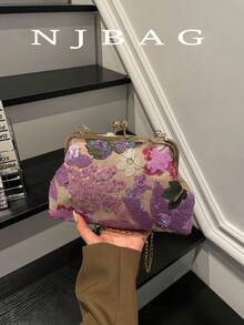 蕾絲花卉拼接圖案時尚扣飾女款手提包，優雅適合派對與購物，隨機圖案配置 - 紫色 - 查看 2